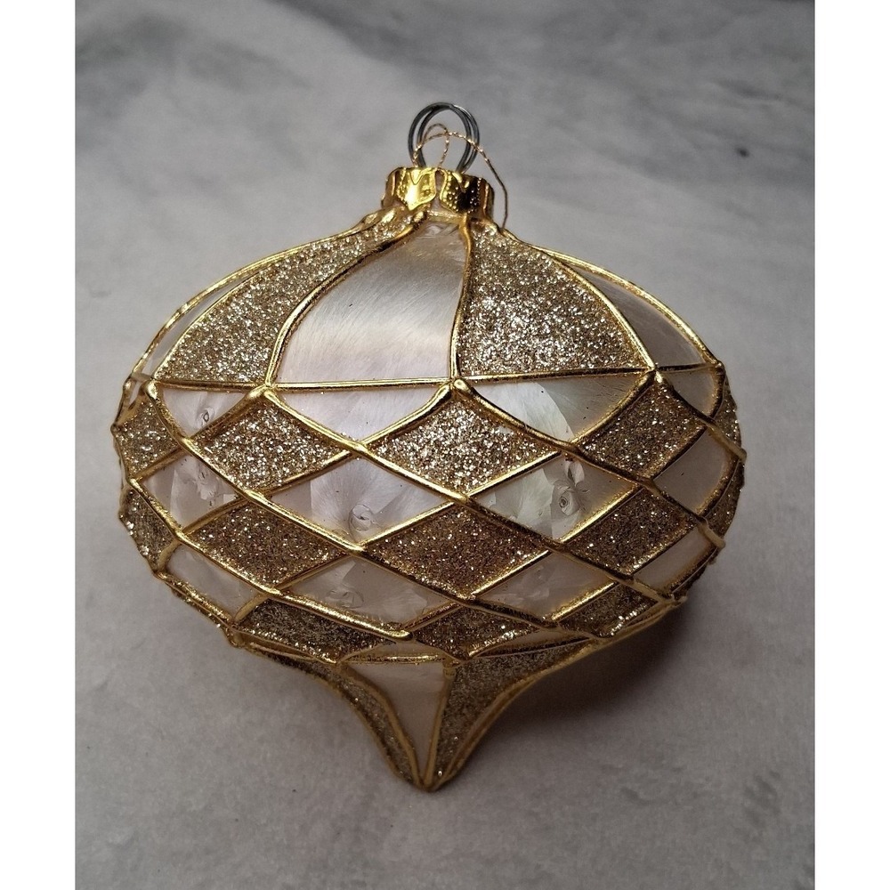 Large Glass Christmas Ornament 6" Gold Glitter Lattice Onion Finial